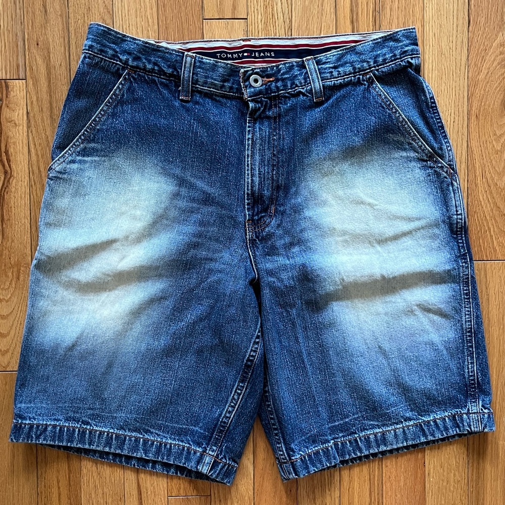 VTG Tommy Jeans Carpenter Shorts Hilfiger Acid Wash Blue Denim Y2K 90’s Flap